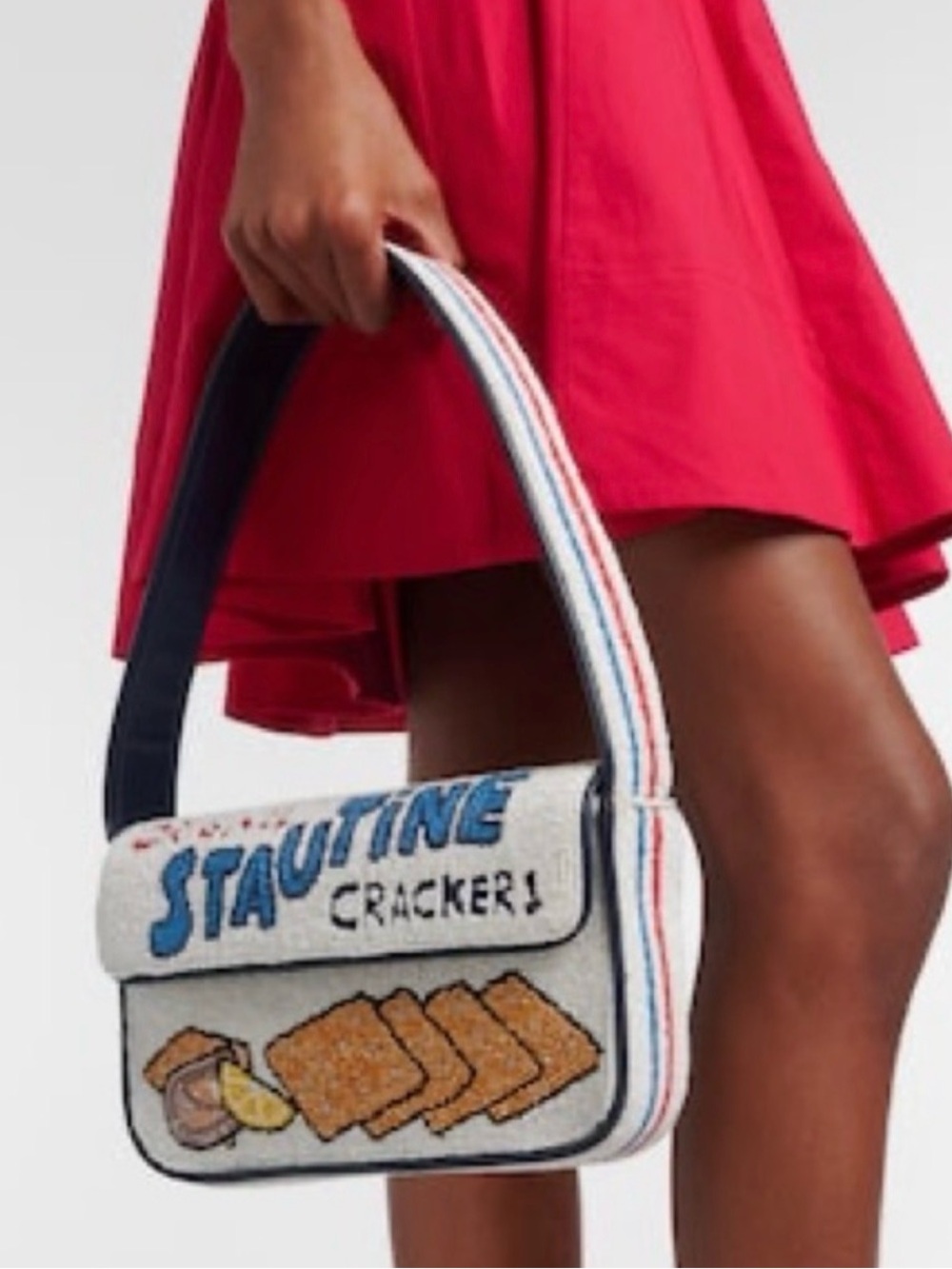 STAUD White Beaded "Stautine Crackers" Shoulder Bag with Blue Lettering - Picture 3 of 4